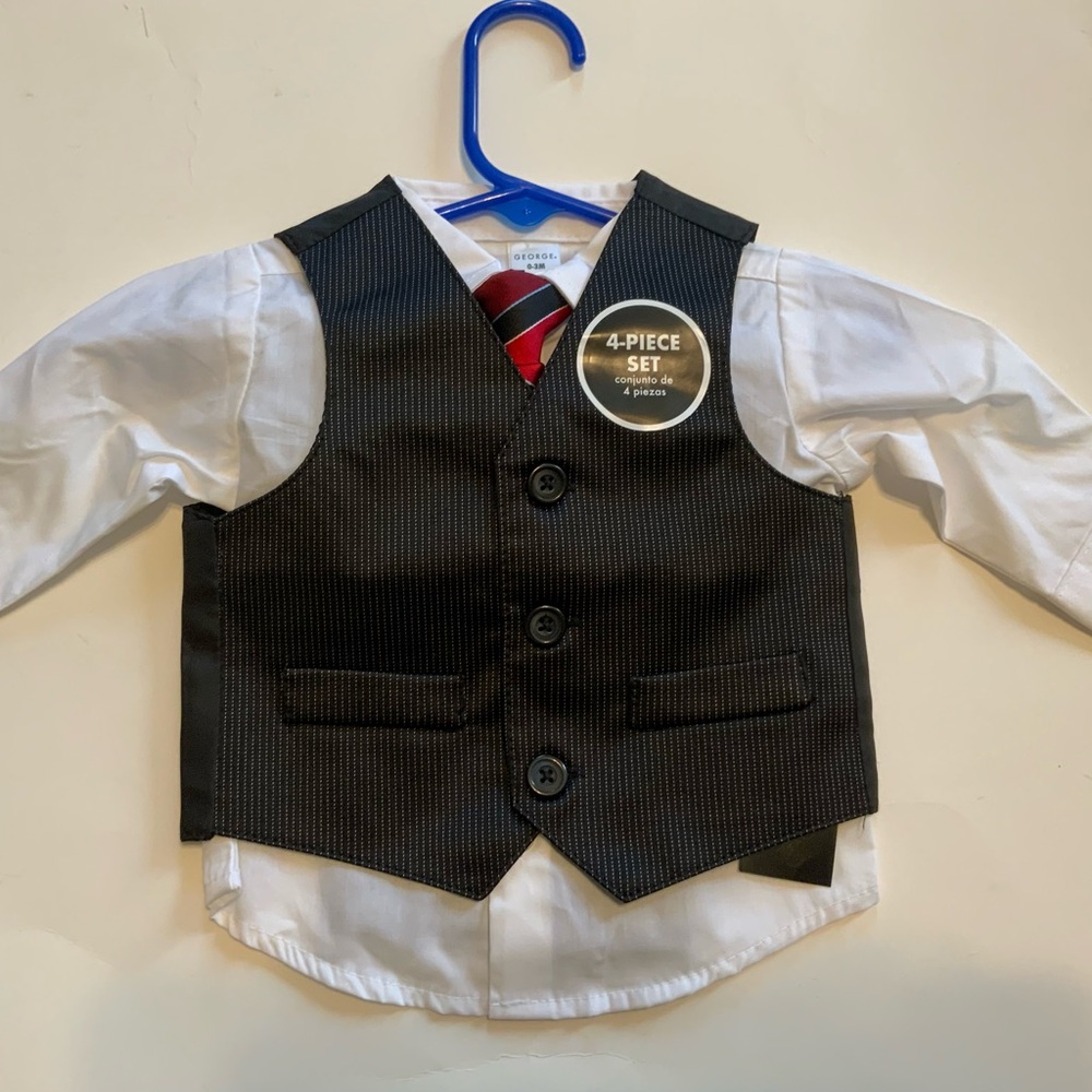 BLACK PINSTRIPE 4 PC SHIRT TIE PANTS VEST DRESSY SIZE 0-3 MOS SUIT SET
